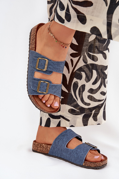 Damen Pantoletten Auf Korkplattform Mit Schnallen Dunkel Jeans Vesina