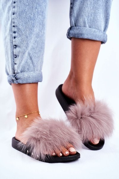 Claquettes Femme Avec Fourrure Naturelle Gris Clair Bushido
