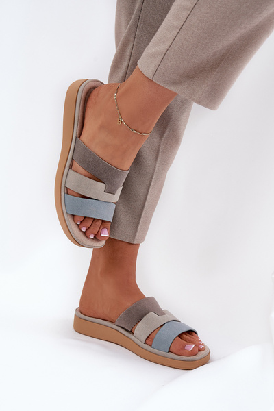 Bequeme Damen Hausschuhe Beige-Blau Oxena