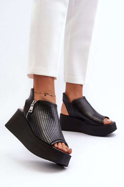 Zazoo 1792 Sandales Compensées Découpées En Cuir Noir