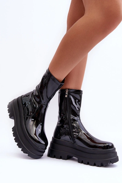 Bottines Laquées Sur Plateforme Massive Noires Kylira