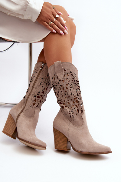 Women's Beige Suede High Heel Openwork Boots Zazoo 3166/P