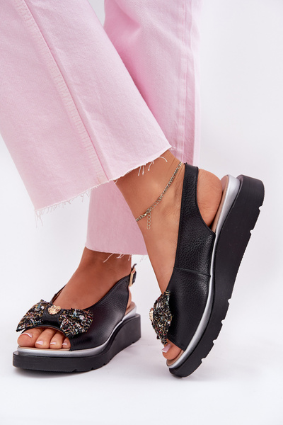 Sandales en cuir pour femmes à talon compensé avec un nœud Zazoo 1882 noir