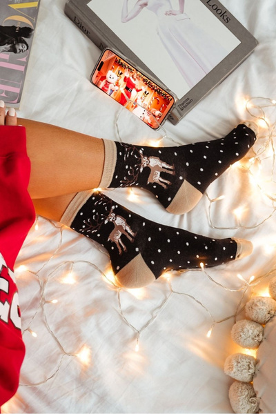 Damen Weihnachtsstrümpfe Rentier und Punkte Schwarz