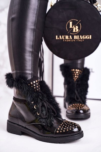 Fleecegefütterte Damenstiefel mit Strasssteinen und Pelz Glam Lackiert