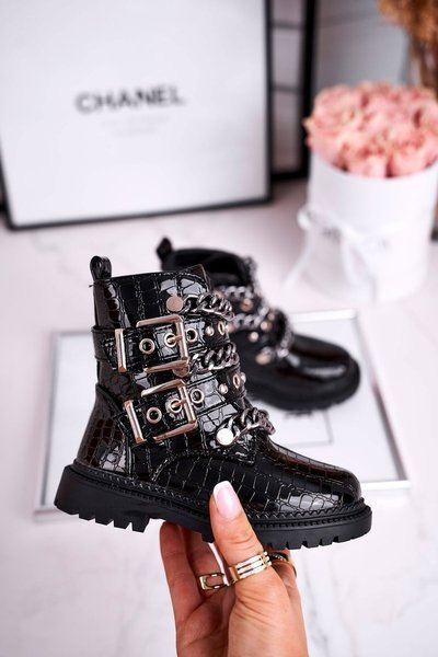Children's Boots Warm With Fur Buckles Chain Print Black Fun Time