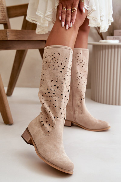 Women's Low Heel Lace-up Boots in Faux Suede with Zip Closure Beige Orchides