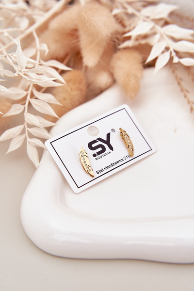 Boucles D Oreilles Feuilles Avec Zirconium Acier Inoxydable Doré