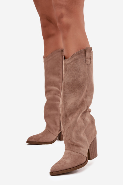 Oceplane bottes cowboy à talon en éco velours beige Mavine Kozaki Damskie