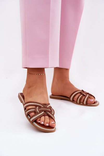 Sandales Plates Pour Femmes Avec Des Bandes Entrelacées Marron Acimine