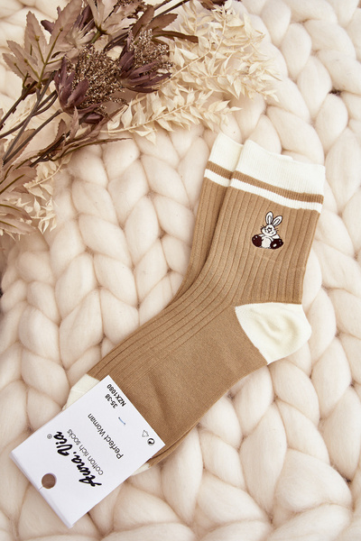 Chaussettes Femme à Rayures et Lapin Beige
