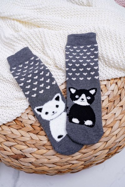 Chaussettes antidérapantes pour femmes gris chaud avec chat