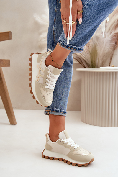 Baskets chaussures de sport femme à lacets sur plateforme Beige Mialunae