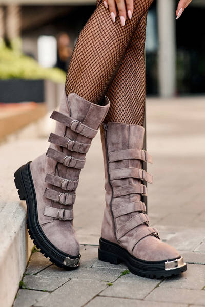 Bottes Hautes en Cuir à Lanières Beige Foncé Elnatea