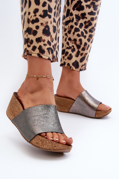 Zazoo 40291 Leder Damen Clogs auf Kork Keilabsatz Graphit