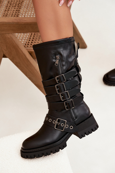 Bottes d'hiver pour femmes avec ceintures et boucles noires Ivaline
