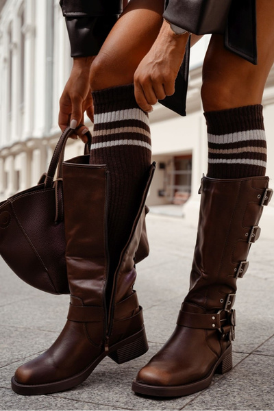 Bas de Contention Femmes Rayés Avec Bandes Chocolat