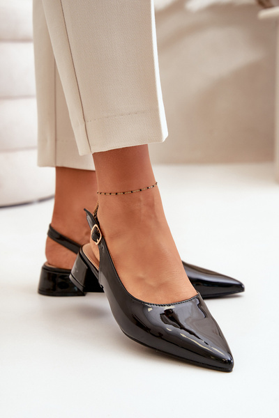 Ballerines Laquées Sur Petit Talon à Bouts Pointus Noir Anarinne