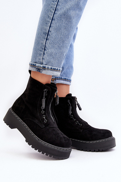 Damen Wildleder Trapper Stiefel Mit Dickem Sohlenriemen Schwarze Edivame