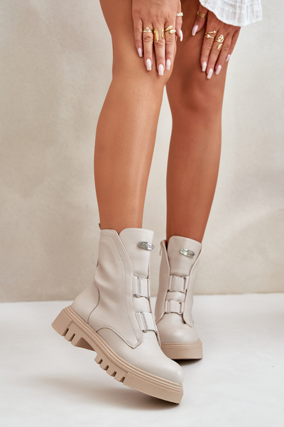 Bottes Worker Femme Doublées Polaire Zippées Cuir Eco Beige Clair Mailyra