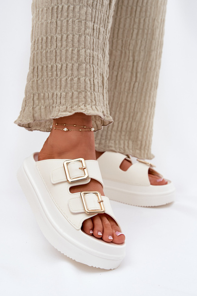 Damen Sandalen Auf Plattform Mit Goldenen Schnallen Ecru Zorila