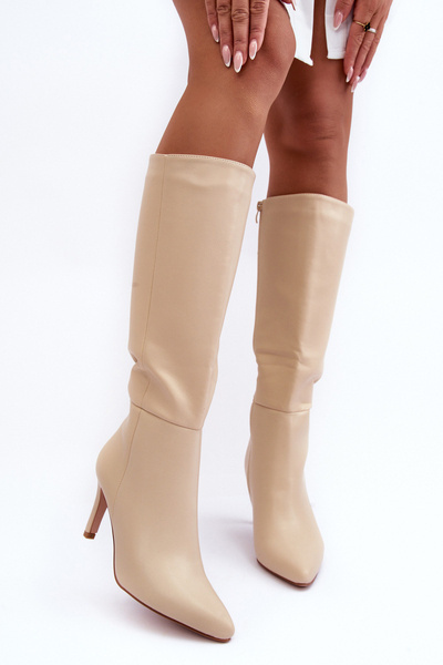 Cizme cu călcâie din piele BEIGE BOOTS BEIGE