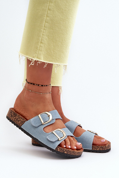 Damen Jeans Flip Flops auf Korkplateau mit Riemen blau Doretta