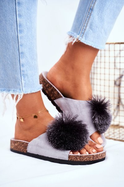 Women's Grey Flip-flops with Pompom Galaxo