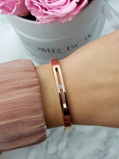 Bracelet Femme En Acier Avec Zircone Or Rose Cristal