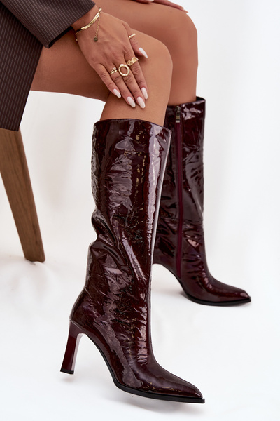 Bottes en cuir laqué pour femmes à talon doublé D&A CR52-716 Bordeaux
