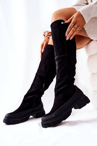 Flache Stiefel mit Absatz aus Wildleder Schwarz Kalisso