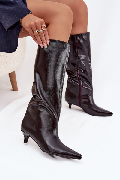 Bottes femmes en cuir verni à talon bas Bordeaux Mireva