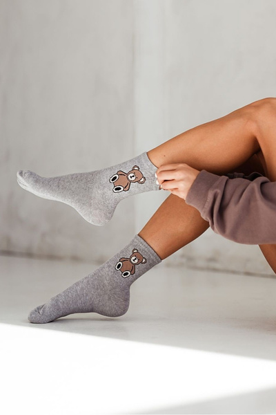 Damen Baumwollsocken Mit Bär Grau