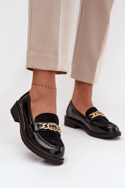 Mocassins femme en cuir verni avec ornement en or S.Barski HY52-540 Noir