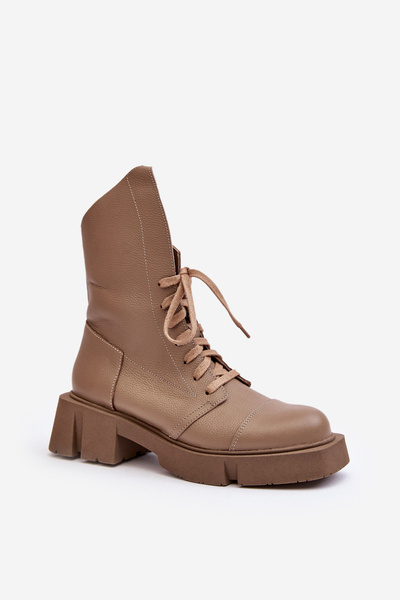 Bottines en cuir pour femmes Chelsea talon plat épais Zazoo 976A Beige foncé