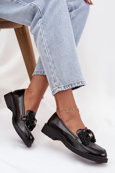 Mocassins pour femmes en cuir verni avec nœud S.Barski HY52-319A noir