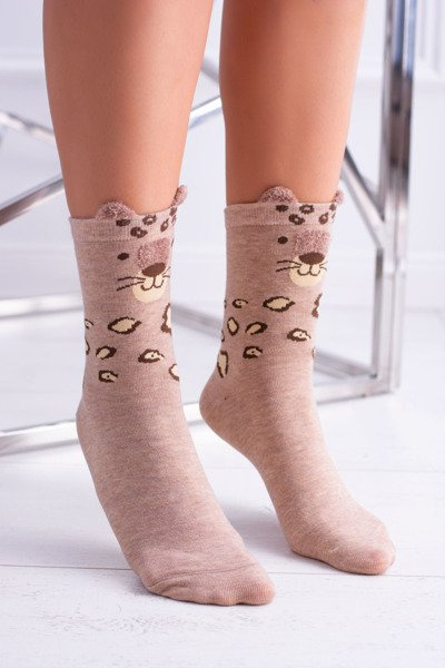 Damen Socken Beige Gepunkteter Tiger Socken mit Ohren