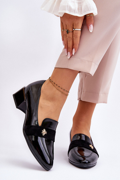 Patent Leather Low Heel Pumps With Embellishment Black Doria