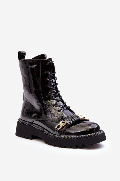 Damen Lackierte Worker Stiefel Mit Verzierung Schwarze SBarski MR870-67