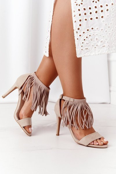 Sandale cu călcâie înalte din piele de căprioară cu franjuri Beige Boho Swing