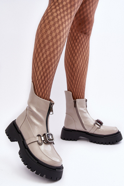 Gelackte Damen-Stiefel Mit Reissverschluss D&A MR870-94 Hellgrau