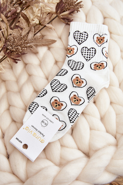Chaussettes pour femmes avec ours et coeurs blanches