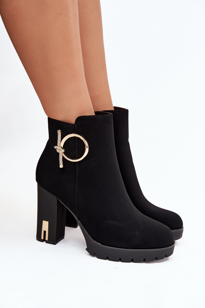 Bottines féminines isolées à talon avec décoration dorée Noire Ysolde