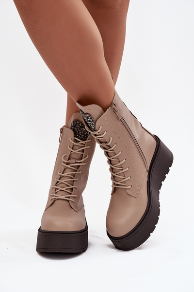 Leder Damenstiefeletten mit Dekor beheizt beige Ulrika