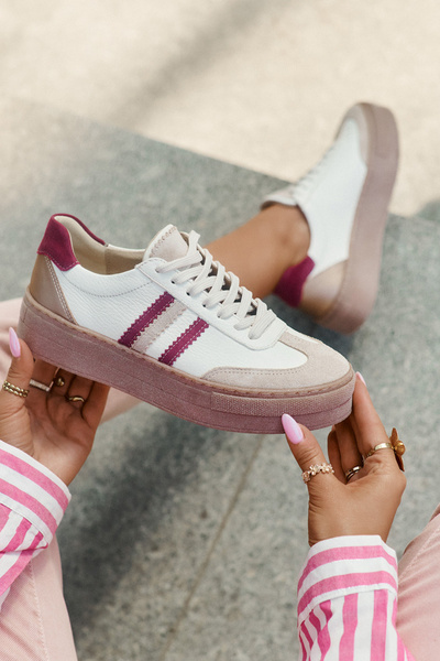 Baskets en Cuir pour Femmes sur Plateforme Zazoo N1234 Beige-Rouge