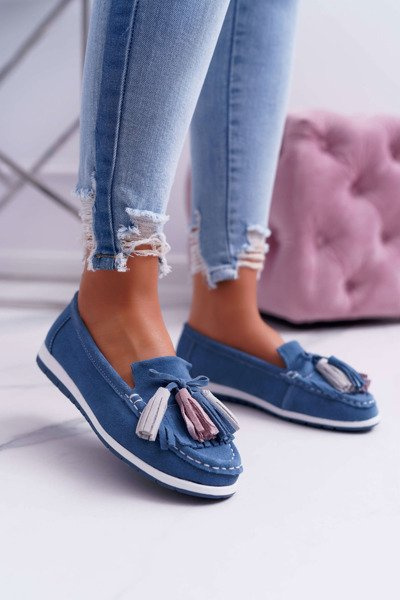 Damen Leder Wildleder Fransen Mokassins Batist Blau