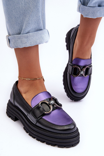 Mocassins Femme en Cuir à Talon Plat Noir-Violet Elkiza