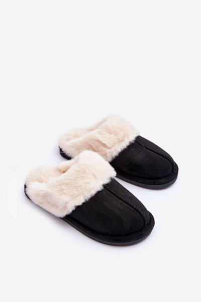 Damen Pantoffeln Slipper mit Kunstfell Schwarz Pinky