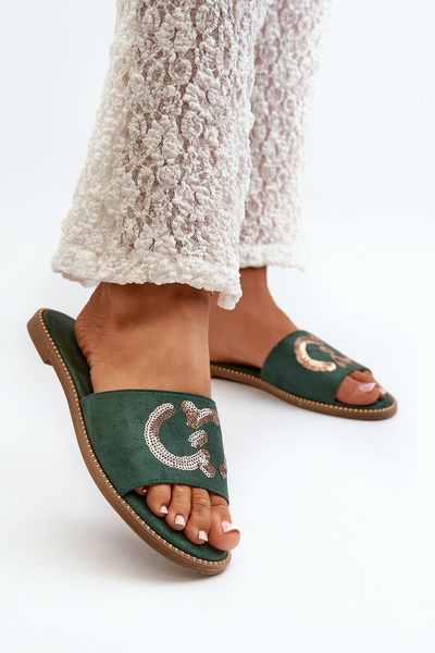Damen Flache Flip-Flops mit Pailletten S.Barski KV27-052 Grün