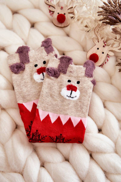 Warme Weihnachtssocken für Damen Rentier und Schneeflocken Rot-Beige